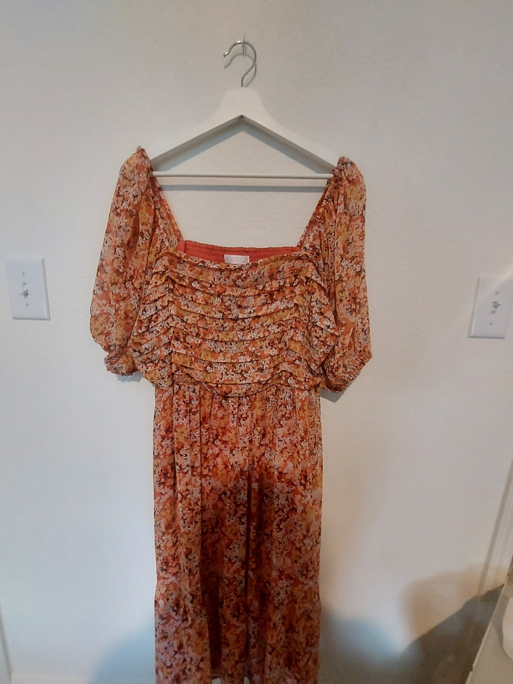 LC Lauren Conrad Orange Floral Midi Dress with Puff Sleeves